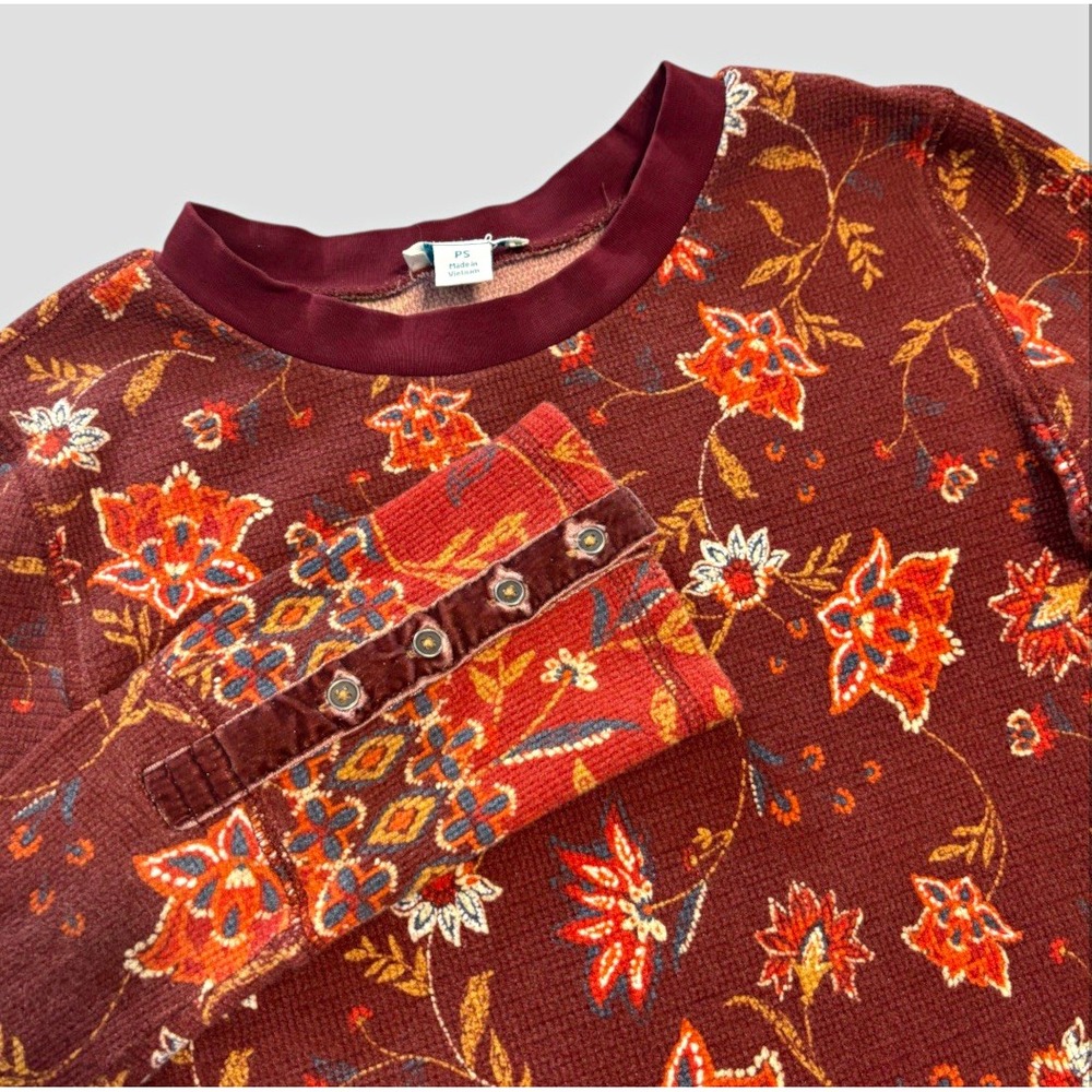 Sundance Floral Waffle Knit Thermal Womens Petite Small Button Cuffs Boho Layer